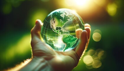 Hands holding a transparent globe with a green tint, sunlit bokeh background.