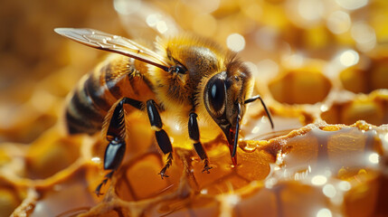 A bee and honey. - obrazy, fototapety, plakaty