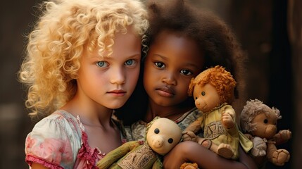 Multiracial girls playing with dolls. Children's Day