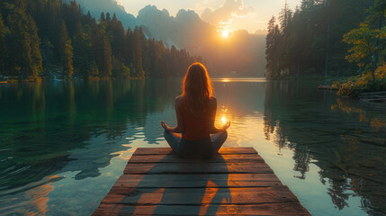 A facing back young woman practicing meditation or yoga, sitting on a wooden pier on the shore of a beautiful mountain lake at sunrise. - obrazy, fototapety, plakaty