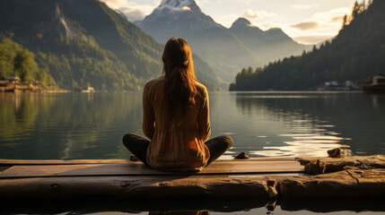 A facing back young woman practicing meditation or yoga, sitting on a wooden pier on the shore of a...