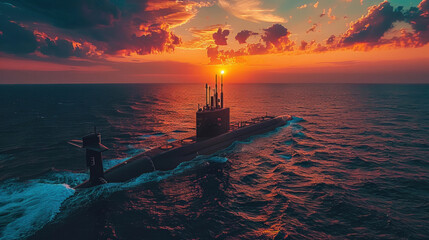 Aerial high view of Submarine passing in the sea.