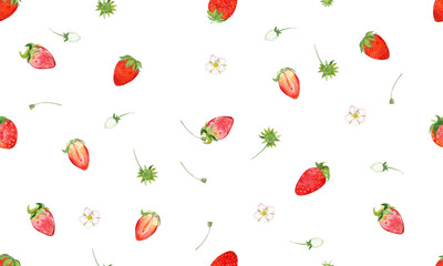 Seamless watercolor pattern. Red strawberries on a transparent background.