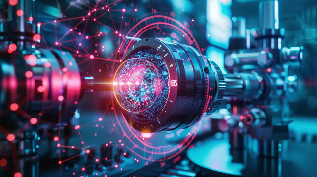 Ultra modern physics lab exploring quantum computing applications in medicine with holographic simulations