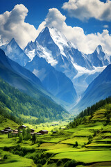 Naklejka na ściany i meble Stunning HD Panorama of Majestic Snow-capped Alpine Mountain Range Tranquil Wilderness