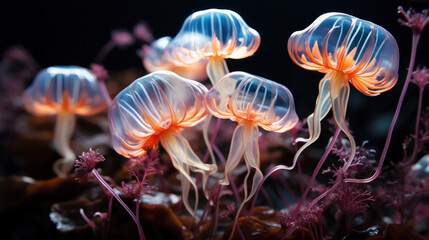 Fototapeta premium Beautiful of Glowing sea jellyfishes on dark background.