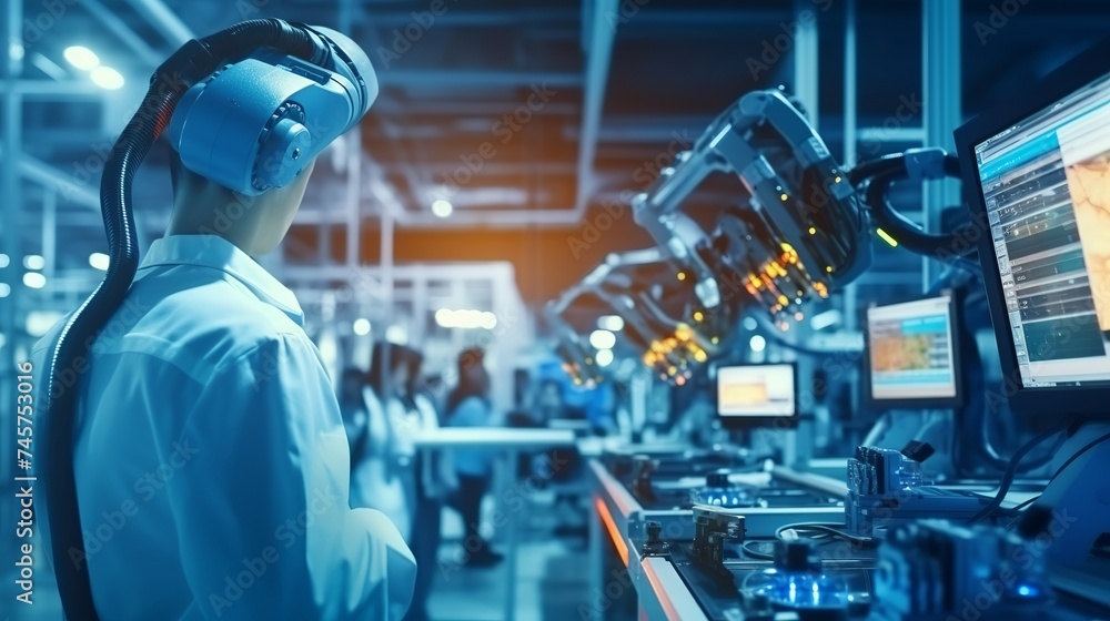 Poster factory female industrial engineer working with automation robot arms machine in intelligent factory