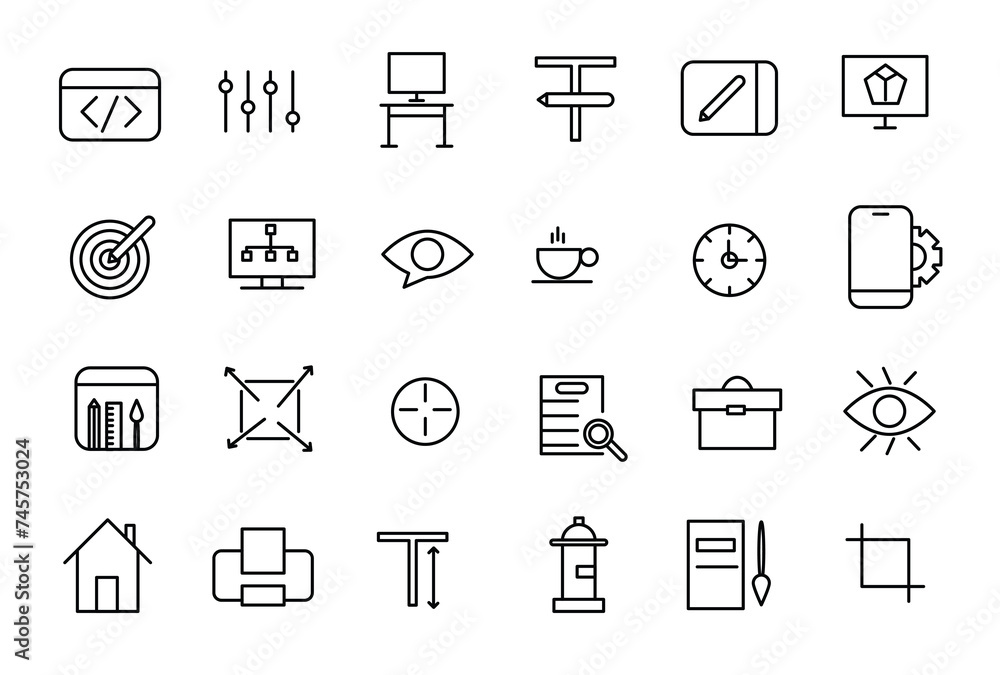 Poster set of thin line icons of graphic design. simple linear icons in a modern style flat, creative proce