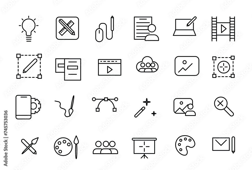 Poster set of thin line icons of graphic design. simple linear icons in a modern style flat, creative proce