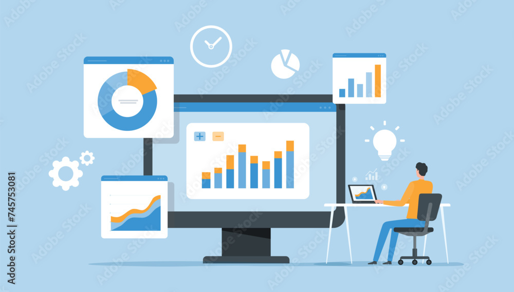 Aufkleber business people working. data analytics . web report graph dashboard monitor. business finance investment planning. flat vector illustration design concept
