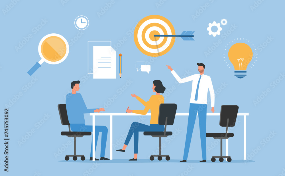 Wall mural business people team working meeting planning for business goals. flat vector illustration design co