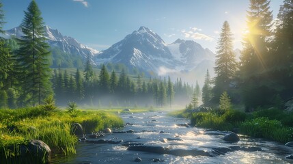 Natural landscape over a stream running to river with forest and mountain far away on clear blue sky with sun - obrazy, fototapety, plakaty