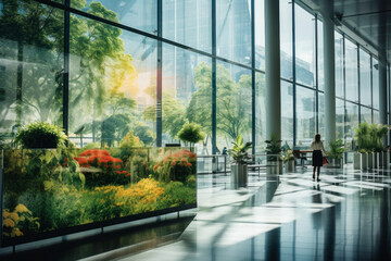Corporate luxury modern interior. Business open space. Hotel lobby. Business modern glass company office building. High glass walls. Green interior with many plants - 745753206