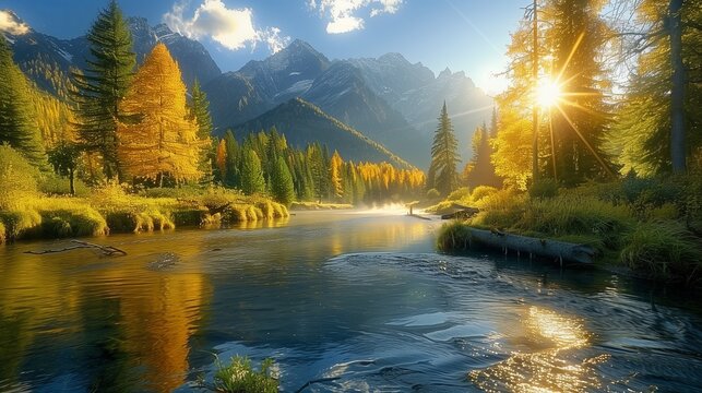Natural landscape over a stream running to river with forest and mountain far away on clear blue sky with sun