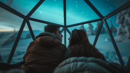 Fotobehang Magical Aurora Nights Couple Enjoys the Northern Lights from a Cozy Glass Igloo © Dimitri