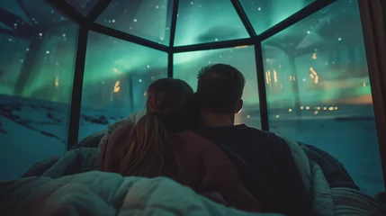 Foto op Plexiglas Magical Aurora Nights Couple Enjoys the Northern Lights from a Cozy Glass Igloo © Dimitri