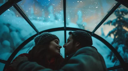 Wandaufkleber Magical Aurora Nights Couple Enjoys the Northern Lights from a Cozy Glass Igloo © Dimitri