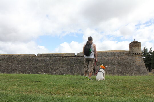 Owner with her dog observing the castle.