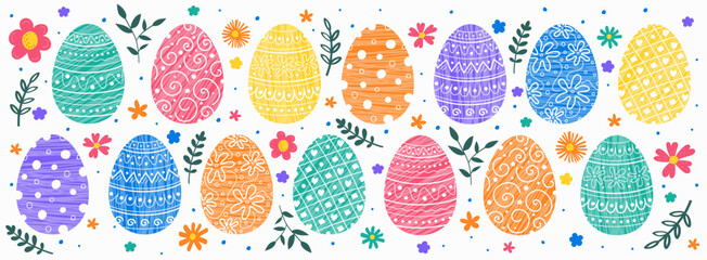 Easter design with decorations. Banner with painted eggs and flowers. Panoramic header. Vector illustration