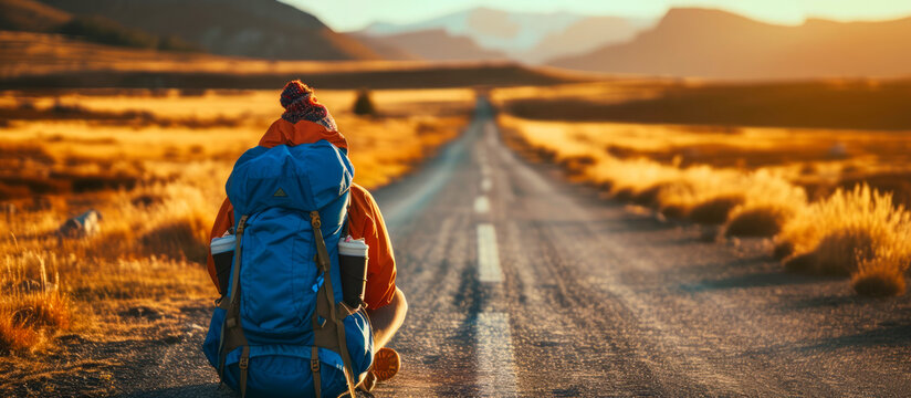 Solo traveler with red backpack walking on road at sunset through golden grassy landscape.