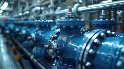Blue valves in a factory, industrial and manufacturing concepts.