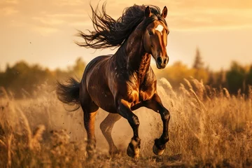 Fotobehang Powerful horse galloping across open field at dawn, capturing its strength and freedom, ideal for equestrian and nature lovers © Vikarest