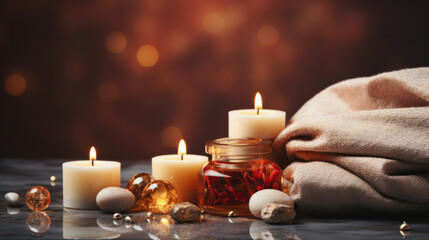 Close up of Towels, stones, reed air freshener and burning candles on white marble table against blurred lights, Spa, space for text. - obrazy, fototapety, plakaty