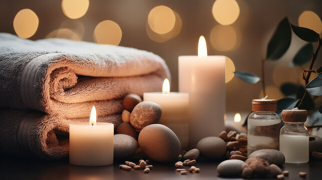 Close up of Towels, stones, reed air freshener and burning candles on white marble table against blurred lights, Spa, space for text.