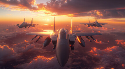 Group of fighter jet at sunset in the sky. - obrazy, fototapety, plakaty