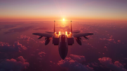 Group of fighter jet at sunset in the sky.