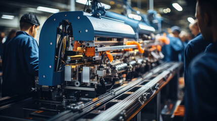 Group of workers working at technology production factory with industrial machines.