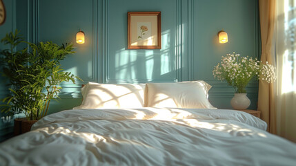 Pristine white bed with pillow in the room.