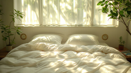 Pristine white bed with pillow in the room.