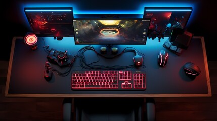 Overhead view of a gaming setup featuring an illuminated mousepad and customizable keyboard.