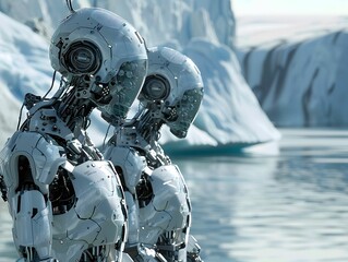 Cybernetic beings from another world studying the melting glaciers using oceanography tech to save their new alien inhabited planet - obrazy, fototapety, plakaty