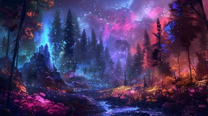 Dystopian forest illuminated by the eerie glow of auroras with geysers erupting amidst the decay a beacon of natures resilience - obrazy, fototapety, plakaty