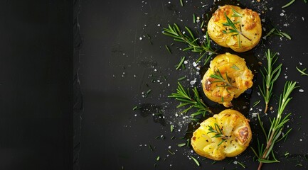 Crushed, smashed potatoes baked with rosemary and thyme. Black background. Top view. - obrazy, fototapety, plakaty