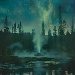 In a forest at the edge of dystopia geysers and auroras collide creating a surreal landscape that defies the desolation