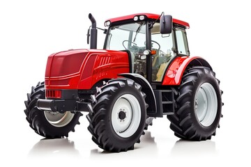 Red tractor, a vital piece of farm equipment for agriculture tasks and productivity, isolated on a white background