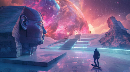 Futuristic nanotech engineers sculpting a Sphinx at the edge of a galaxy with skateboards powered by cosmic energy