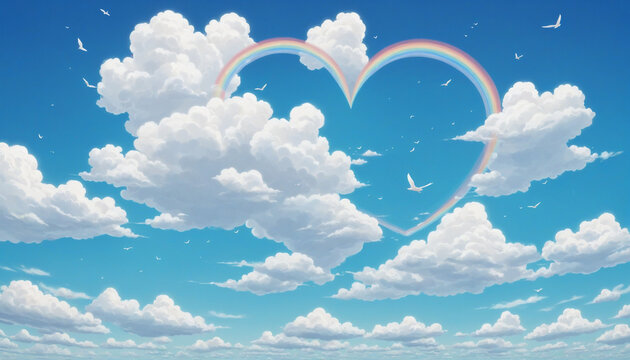 Clip art of blue sky with cloud and heart mark in anime style