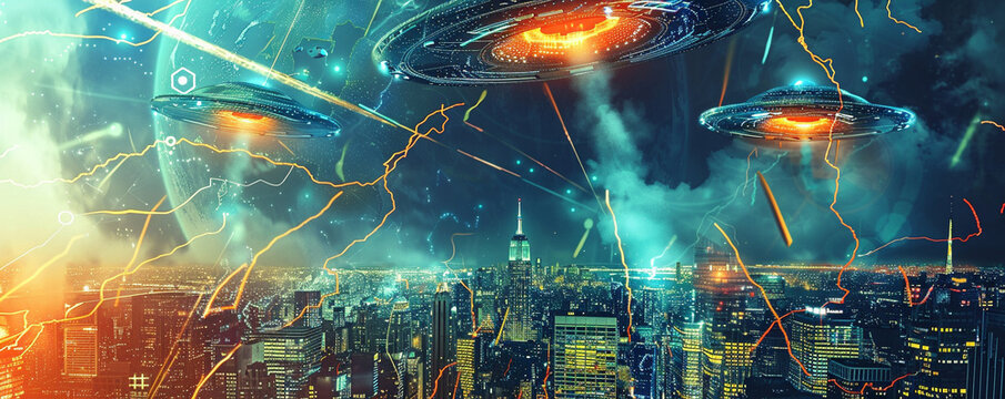 Geysers powering a futuristic citys cybersecurity grid with a Firebird and UFOs intertwined in a dance of energy and mystery