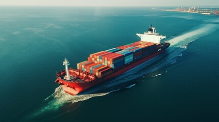 Large container ship at sea - Top down Aerial image - obrazy, fototapety, plakaty
