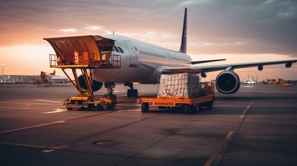 Fototapeta na wymiar Loading cargo on plane in airport before flight