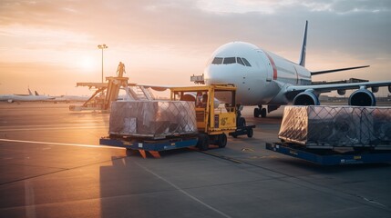 Fototapeta na wymiar Loading cargo on plane in airport before flight