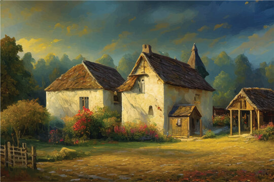  A rustic village scene, bathed in the ethereal glow of a heaven. Oil painting of a Beautiful Village. Oil painting - houses in the village. Old Village. Oil paintings rural landscape. village.