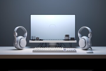 Minimalistic desk setup featuring a futuristic-looking headset and a compact keyboard - obrazy, fototapety, plakaty