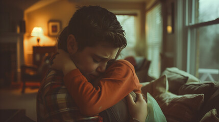 Two young siblings embracing in a comforting hug.