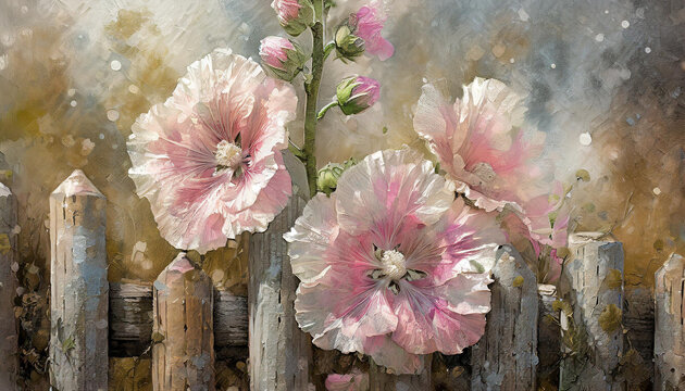 Wiejski obrazek, malowane Malwy, tapeta, dekoracja. Generative AI
