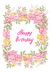 watercolor floral Happy birthday greeting card design for woman. Text in cute delicate frame on transparent background